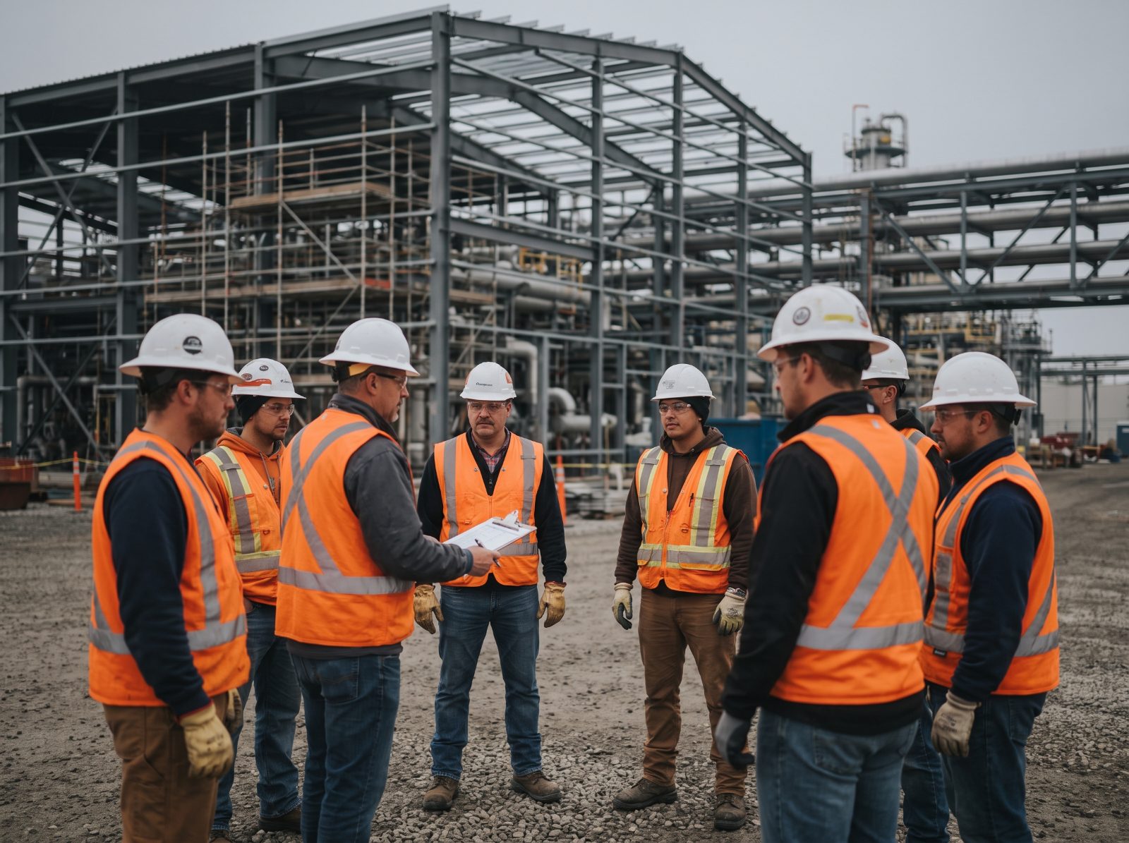 Crew in PPE during a morning toolbox safety talk on site