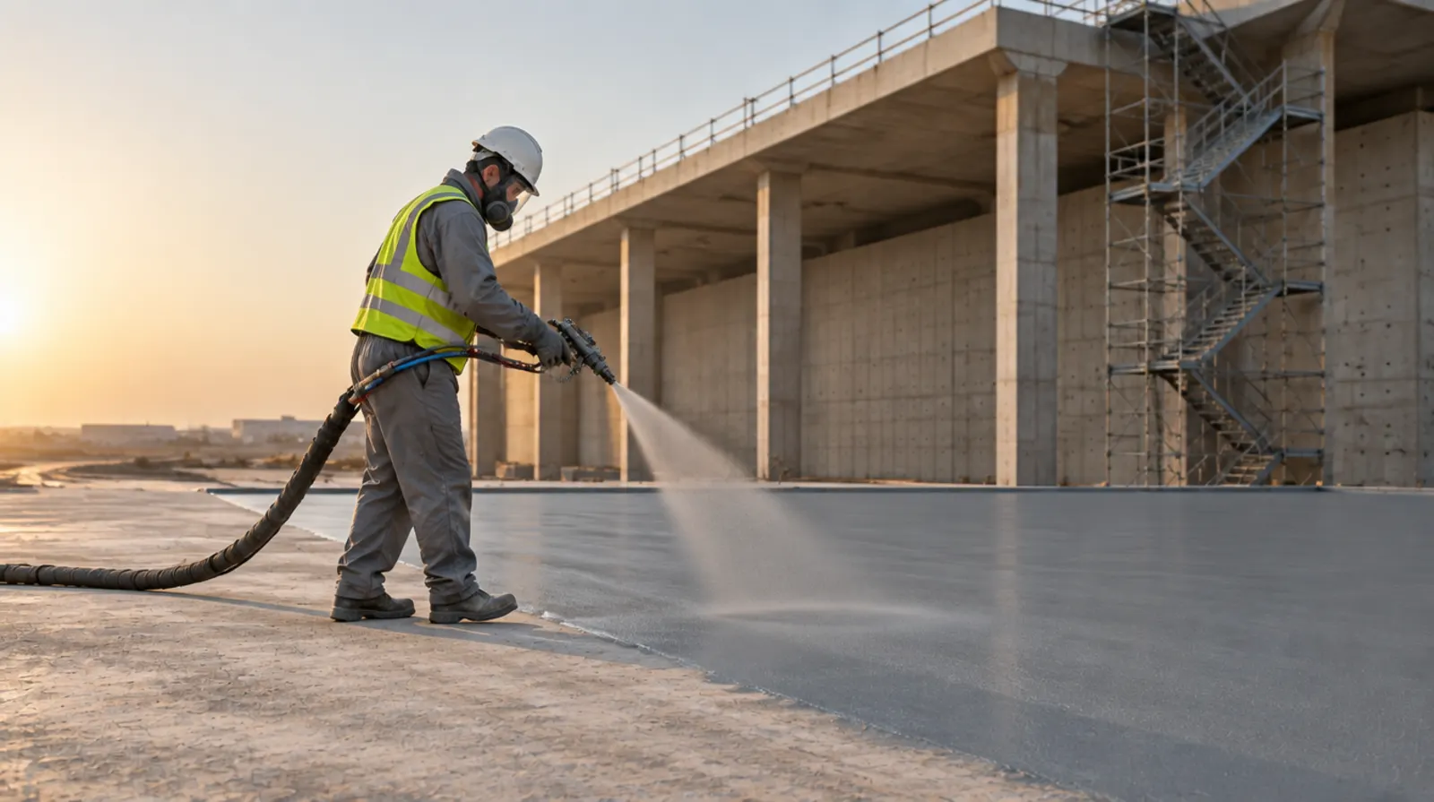 Trained applicator spraying a polyurea membrane onto a prepared concrete surface